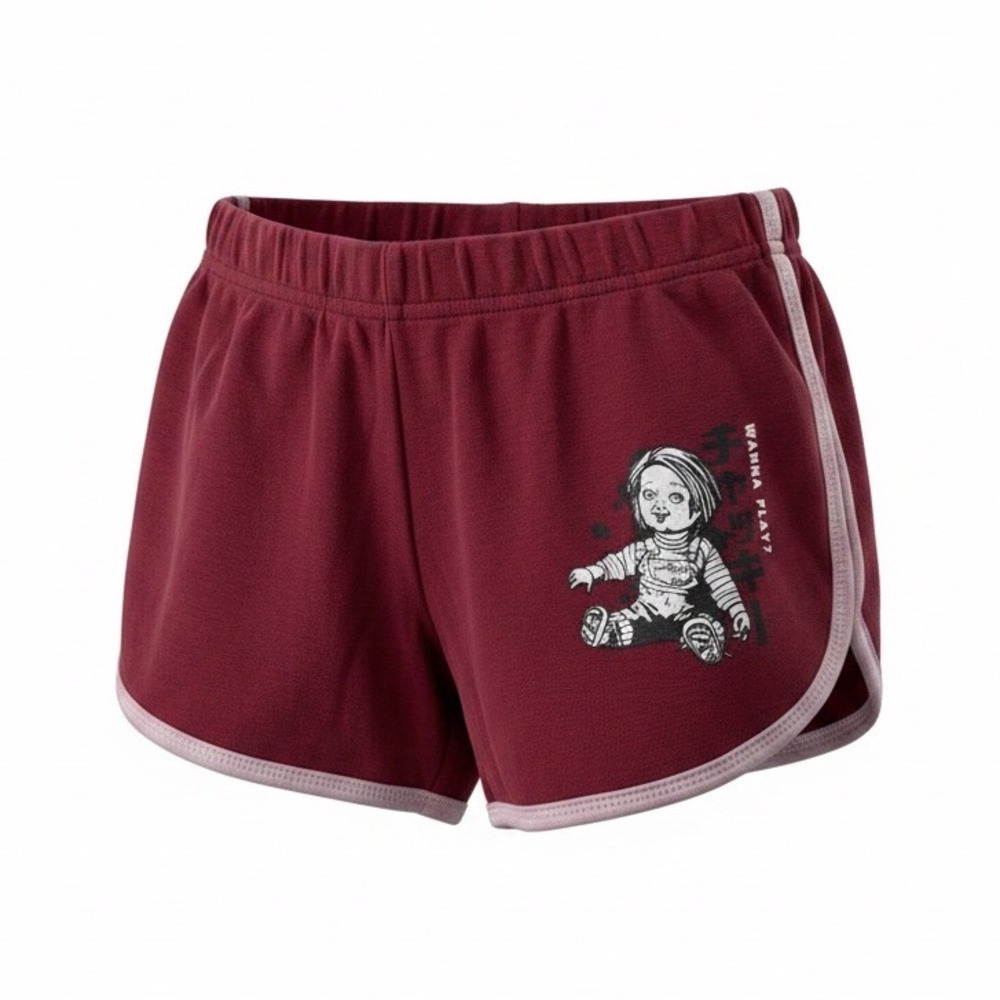Chucky Horror Movie Dolphin Shorts Maroon Wanna Play Graphic Mens Womens Medium